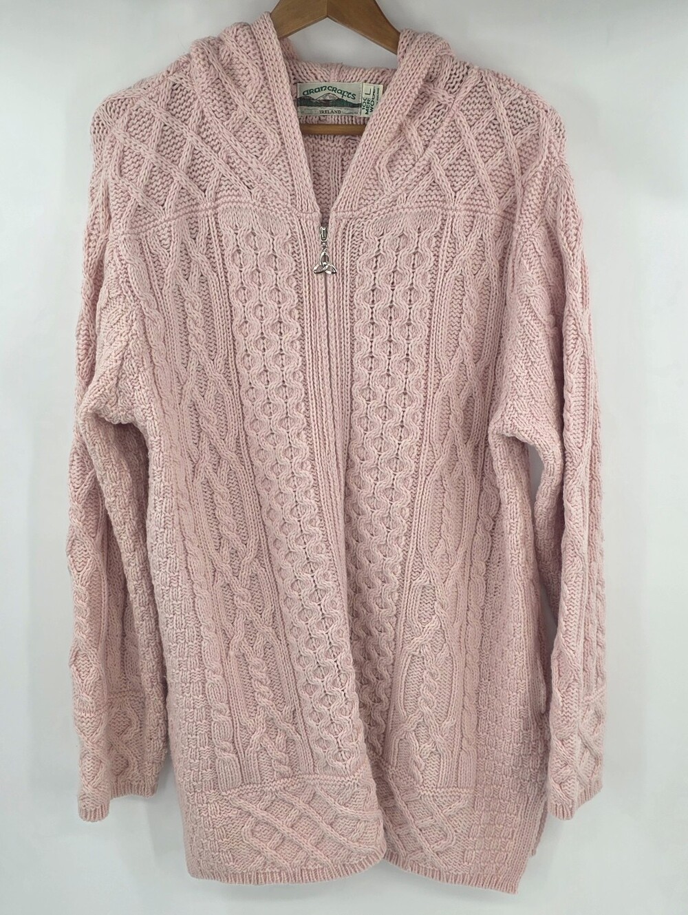 Aran Crafts Merino Wool Cable Knit Hoodie Sweater Pink Ireland Womens Sz Large